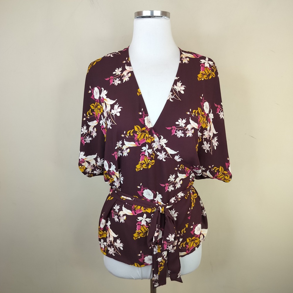 Chelsea28 Floral Wrap Top Blouse Womens Medium Floral Kimono Sleeve Boho